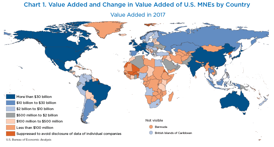 Chart 1. World Map of Value Added and Change in Value Added of U.S. MNEs by Country, Value added in 2017