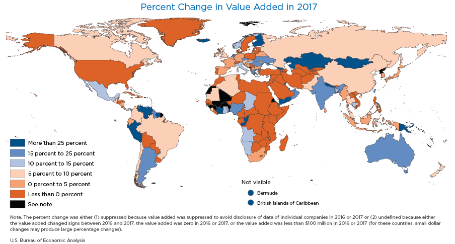 Chart 1. World Map of Value Added and Change in Value Added of U.S. MNEs by Country, Percent Change in Value Added in 2017