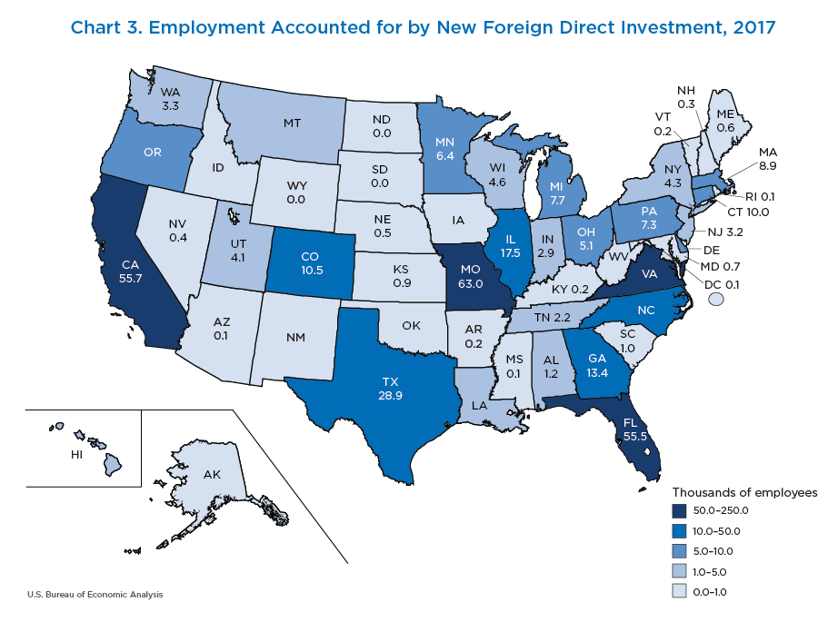 Chart 3. Employment Accounted for by New Foreign Direct Investment, 2017. Map.