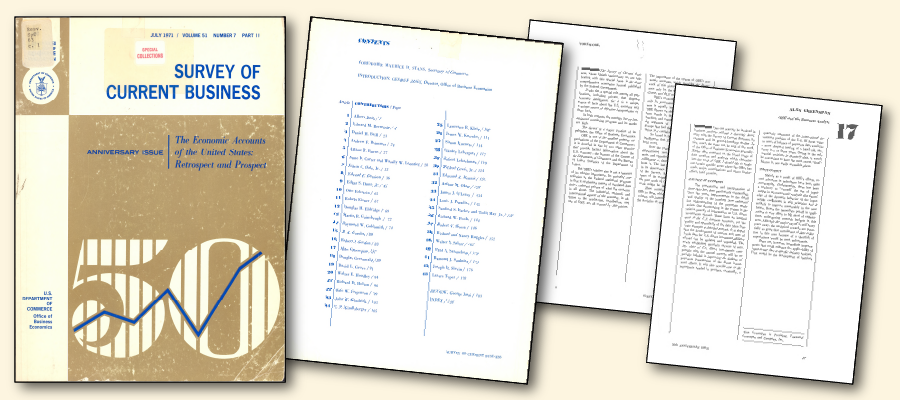 Image of pages from the 1971 special 50th anniversary issue From Great Minds: Essays on the 50<sup>th</sup> Anniversary of the <em>Survey of Current Business