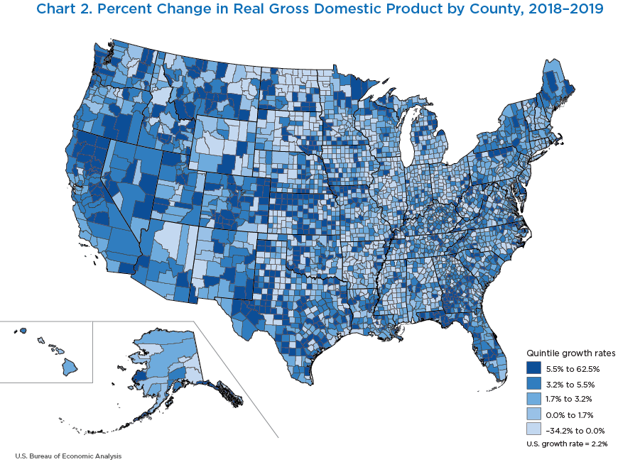 Chart 2. Percent Change in Real Gross Domestic Product by County, 2018–2019