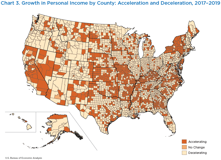 Chart 3. Growth in Personal Income by County: Acceleration and Deceleration, 2017–2019