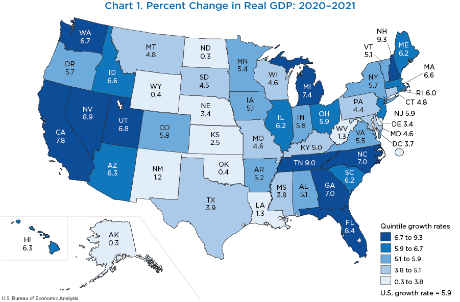 Chart 1. Percent Change in Real GDP: 2020–2021. Map chart.