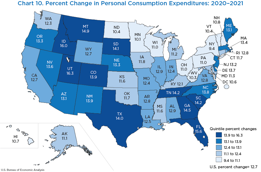 Chart 10. Percent Change in Personal Consumption Expenditures: 2020–2021. Map chart.