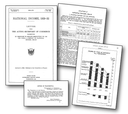 Image of the cover and a few inside pages from the 1934 National Income Report