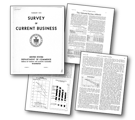 Image of the cover and a few inside pages from the 1934 Survey of Current Business summary