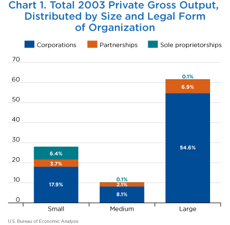 Chart 1. Total 2003 Private Gross Output, Distributed by Size and Legal Form of Organization