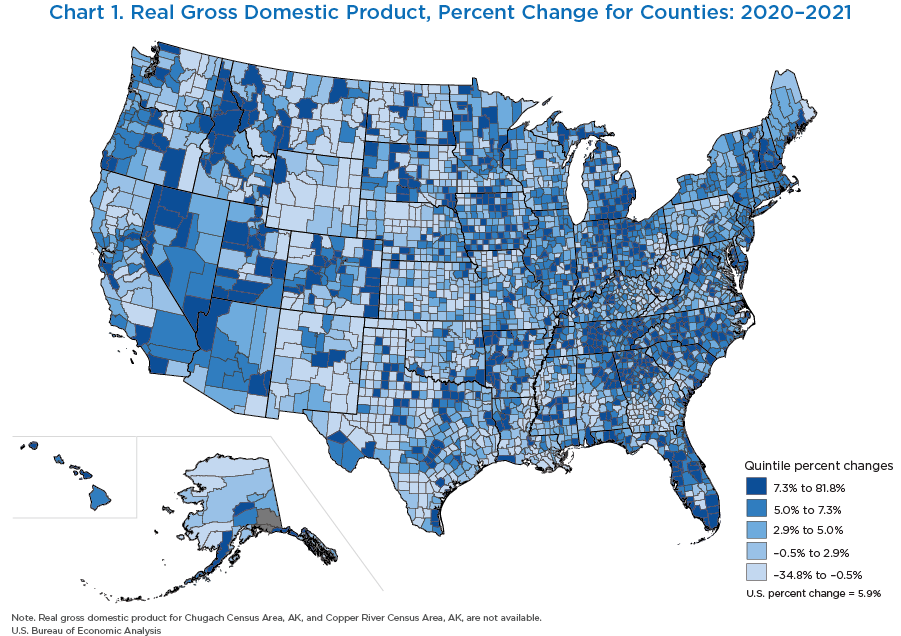 Chart 1. Real Gross Domestic Product, Percent Change for Counties: 2020–2021